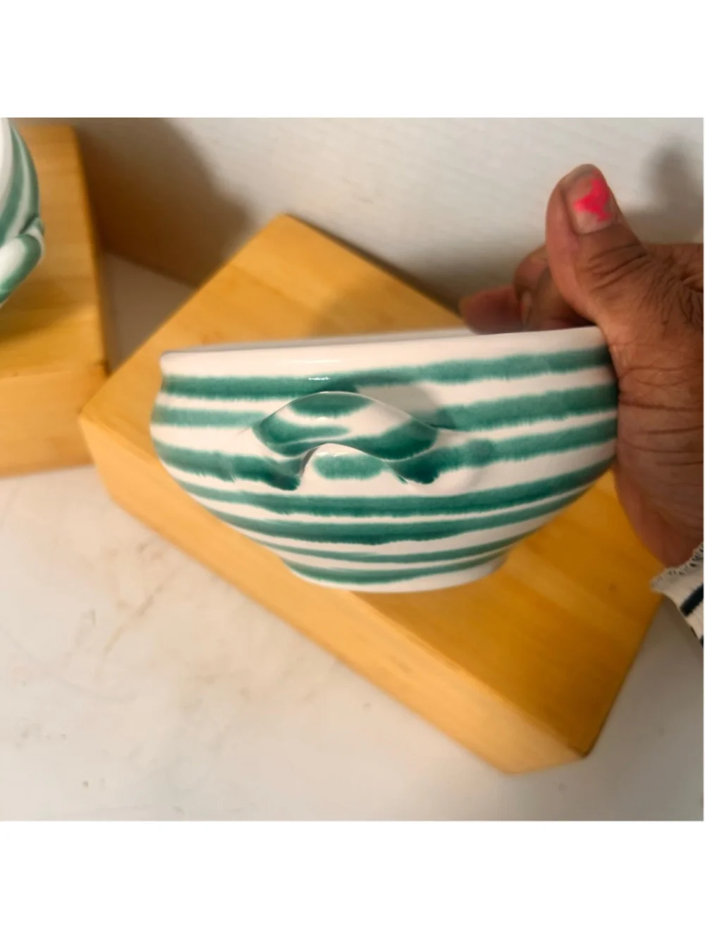 Gmundner Keramik White Green Dizzy Striped Cereal Soup Bowls Set 2 Ceramic
